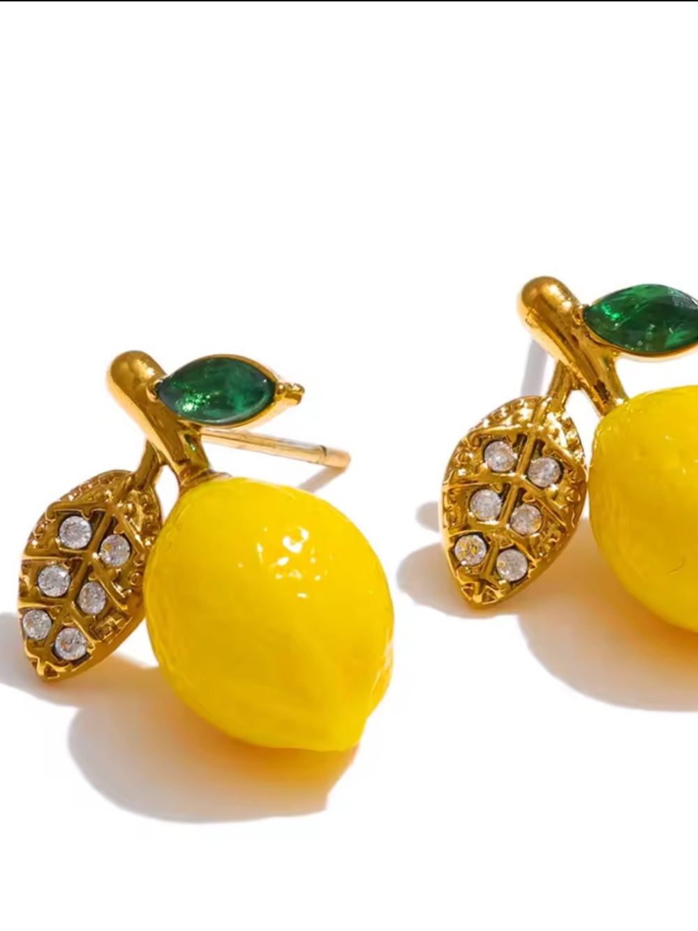 Gold Lemon Drop Earrings with Yellow Enamel and Green Crystal Leaf - Picture 3 of 8